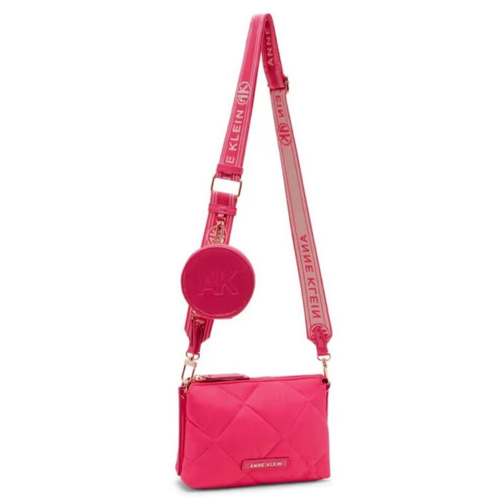 Anne Klein Saffiano Quilted Nylon Crossbody with Pouch Hot Pink Nwt